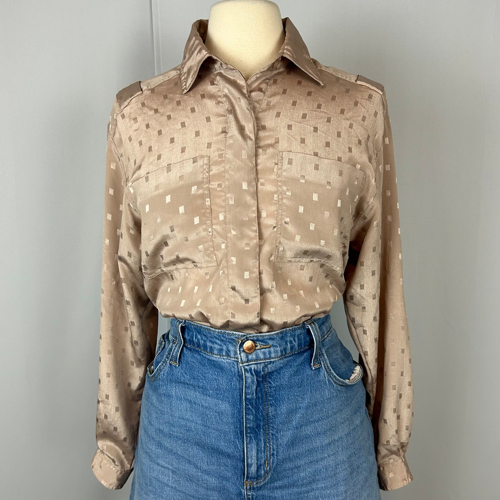 Vtg Blouse Top Size 10 Tan Brown Jacquard Satin Long Sleeve Academia Minimal